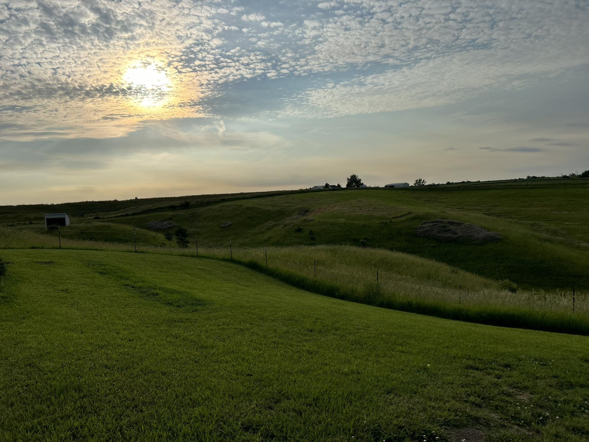 Green rolling hills under a partly cloudy sky with the sun setting or rising over the horizon.