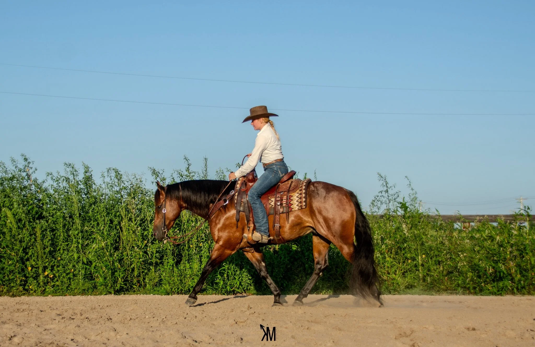 A woman riding a brown horse with black mane and tail along a dirt path, with green bushes and trees in the background on a clear day.