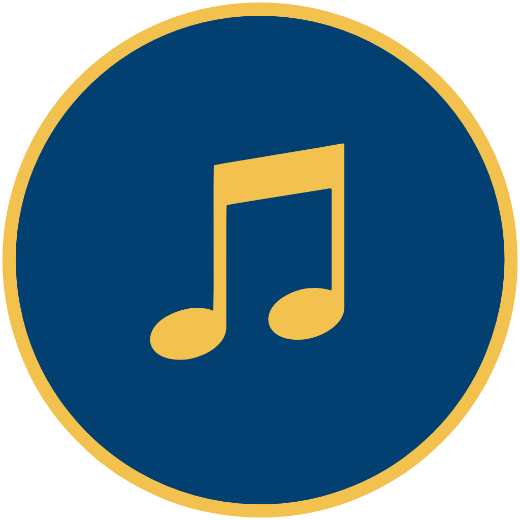 Music note icon in gold on a navy blue circle background.
