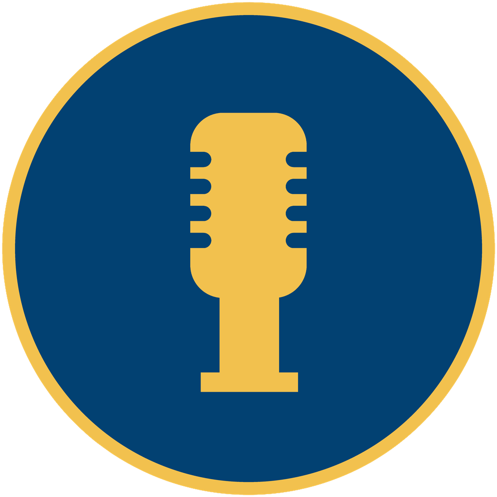 Icon of a gold microphone inside a blue circle with a gold border, symbolizing podcast or audio recording.