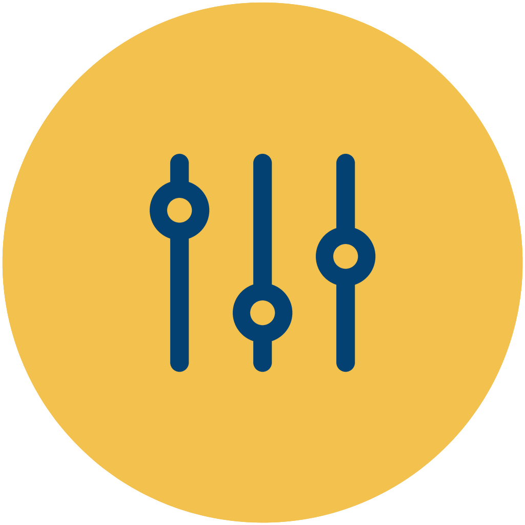 Icon of sliders, often used to represent audio or sound controls, on a yellow circular background.