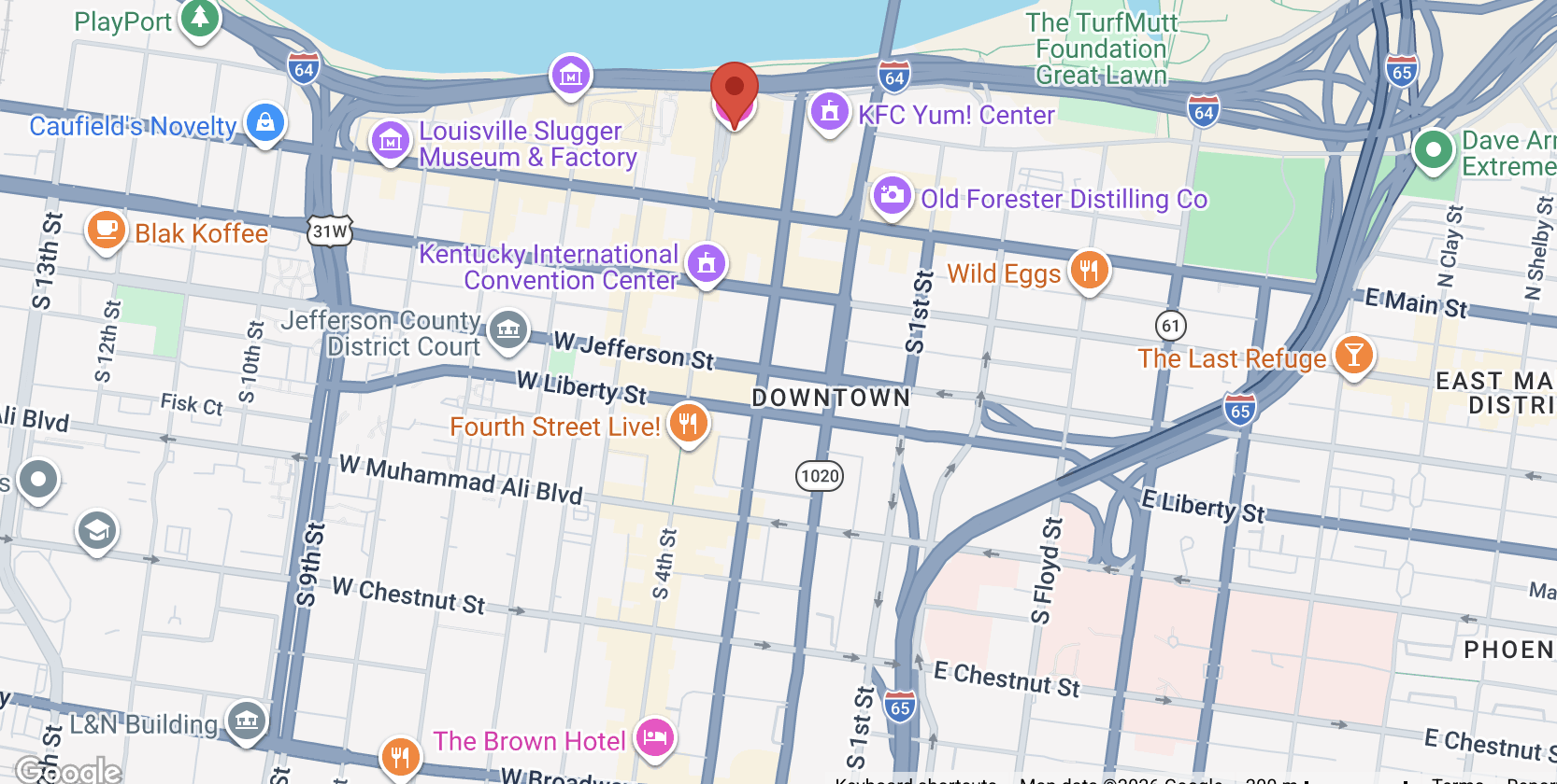 Map of downtown Louisville, Kentucky, showing streets, landmarks, and nearby attractions such as Kentucky International Convention Center, Louisville Slugger Museum, and several restaurants.