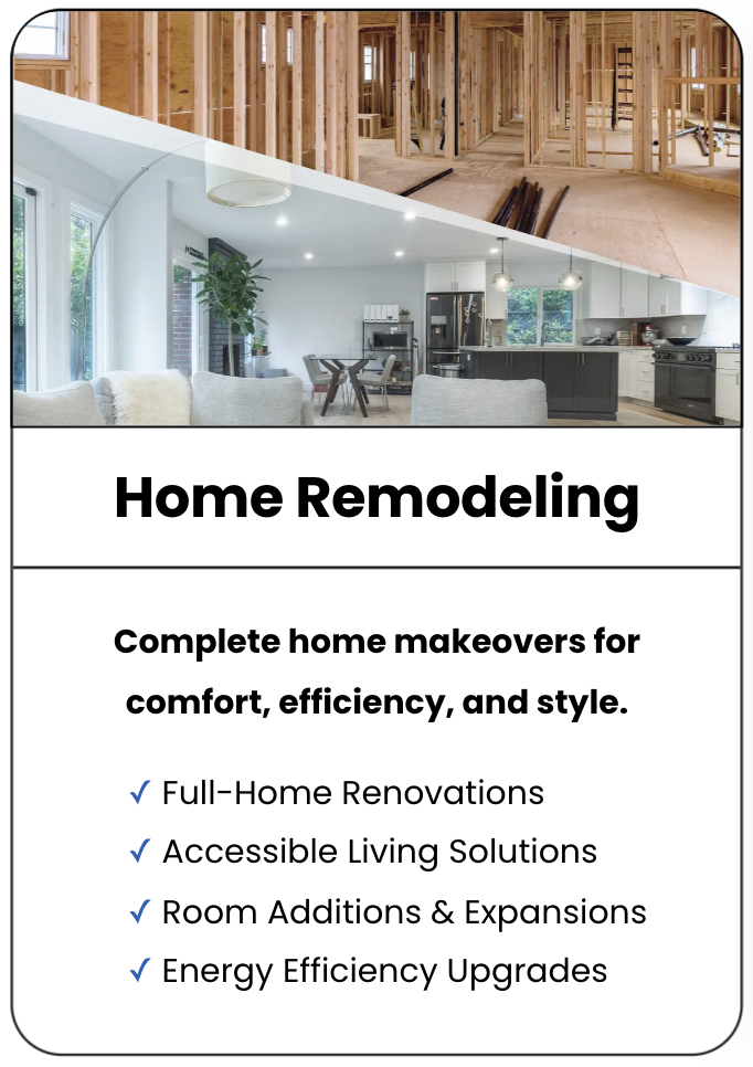 Advertisement for home remodeling services showing a split image of a house under construction at the top and a finished modern kitchen and living room at the bottom, with bold text reading "Home Remodeling" and a list of services offered.
