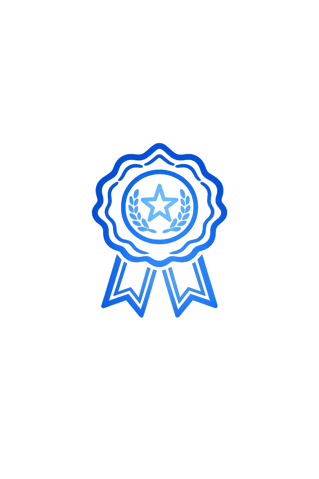 A neon blue award ribbon with a star and laurel design on a black background.