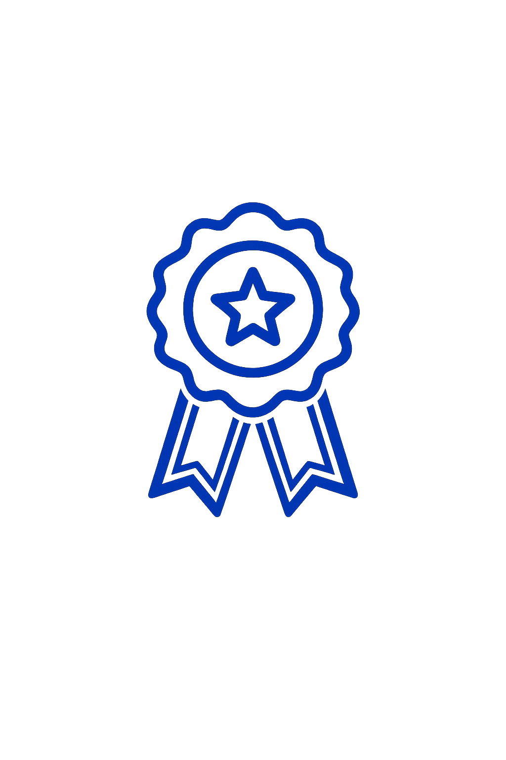 Blue icon of a medal with a star in the center and two ribbons hanging from it.