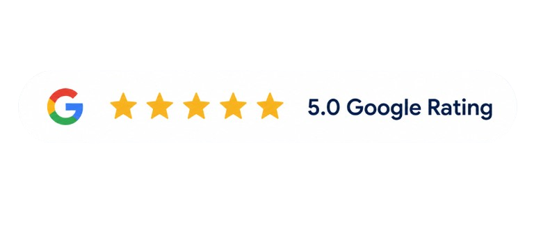 Google logo followed by five gold stars and the text '5.0 Google Rating'.