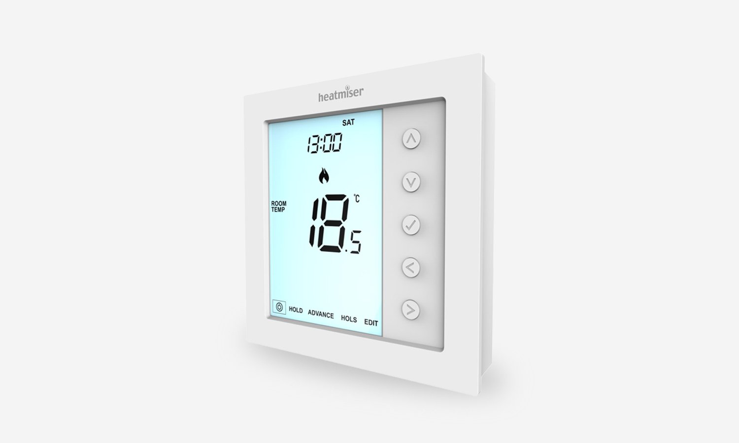 Digital thermostat displaying 18.5 degrees Celsius on a white wall.