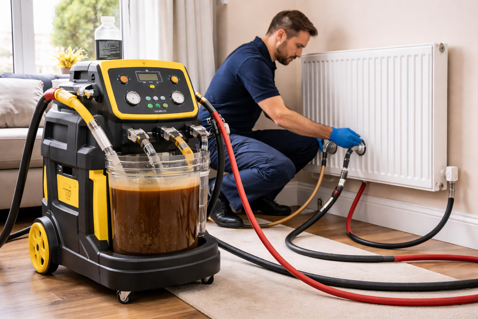 Plumber powerflushing radiators in Barnes SW13 using professional power flush machine and chemicals in Wimbledon