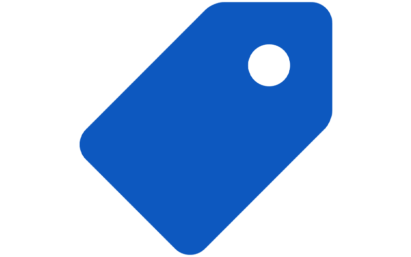 Blue price tag with a hole at the top for attaching.