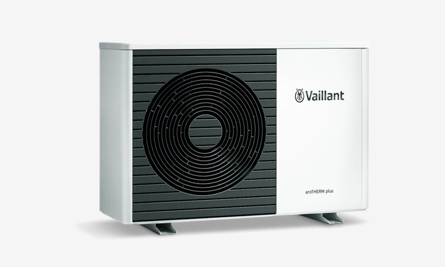 A white Vaillant aroTHERM plus outdoor air-source heat pump with a black circular grille on the front, set against a plain white background.