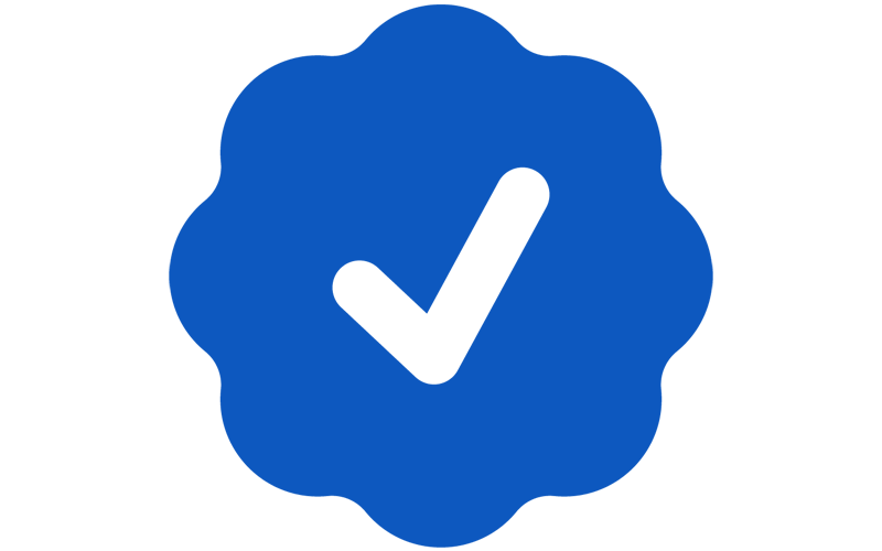 Blue badge with a black checkmark in the center.