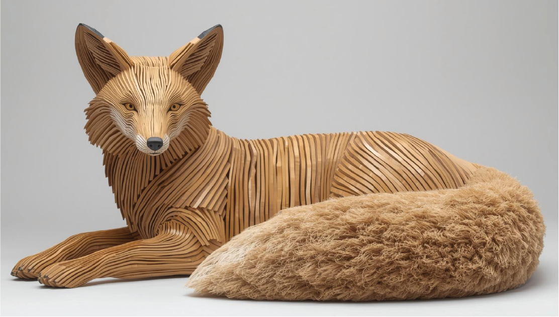 A sculpture of a fox made from layered wood strips, lying on a large, fluffy beige cushion.