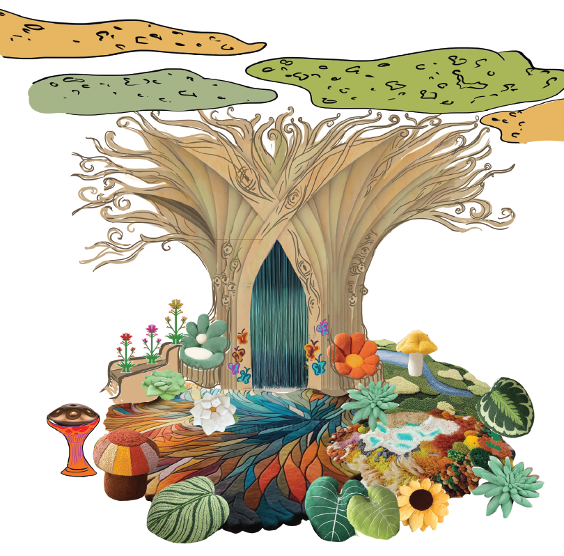 Illustration of a fantasy treehouse with a waterfall door, surrounded by colorful flowers, mushrooms, and lush greenery.