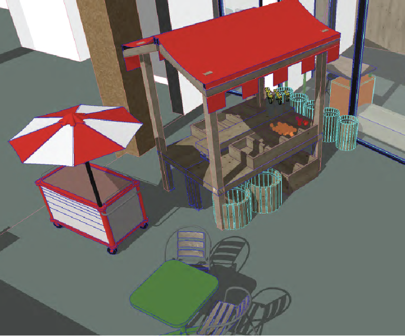 Rendering of a food market with a red and white umbrella, a small green table, and chairs, near a red kiosk or food stand with a red roof.