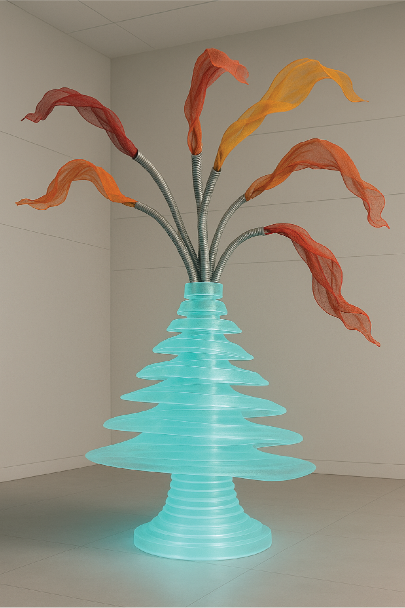 An art installation of a glowing, tiered, light blue vase with abstract orange and red flowers made of fabric and metallic flexible stems.
