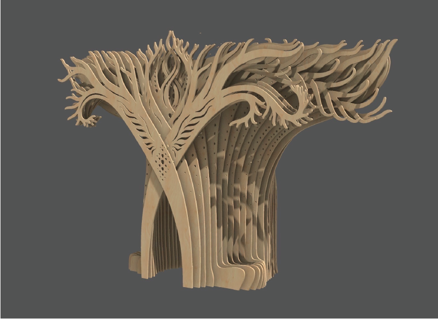 Wooden abstract sculpture resembling a tree with intricate branches and layered base, set against a plain gray background.
