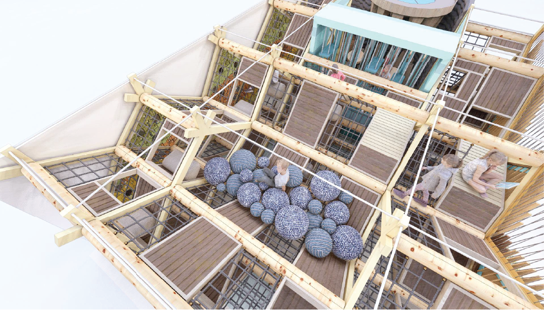 A multi-level indoor playground structure with wooden and netted sections, bean bags, and two children playing.