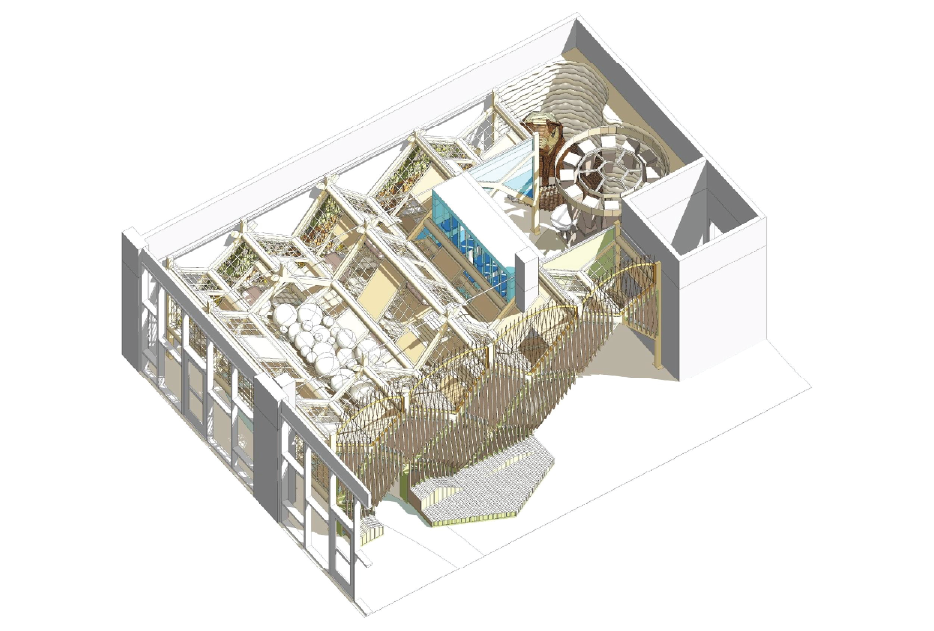 3D architectural rendering of a modern building with multiple indoor and outdoor areas, including a terrace, open-plan spaces, and structural frameworks.