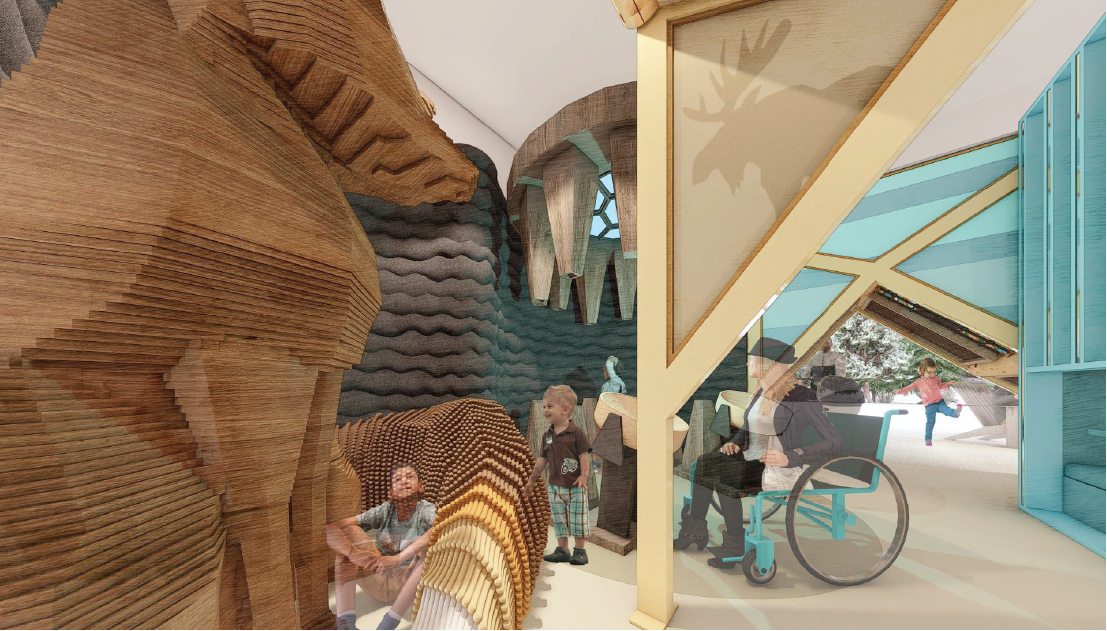 Indoor children's play area with wooden and textured wall decor, children playing, and a person in a wheelchair sitting in front of a glass partition.