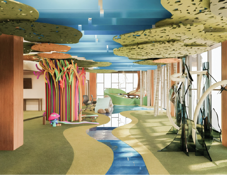 Colorful indoor children's play area with a whimsical forest theme, featuring artificial trees, a small stream, and playful structures.