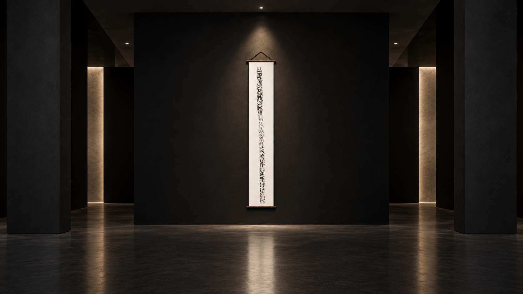 Installation contemporaine « Trace » de Florence Jarrige, empreinte de sculpture sur papier Wenzhou présentée dans un espace d’exposition sombre.