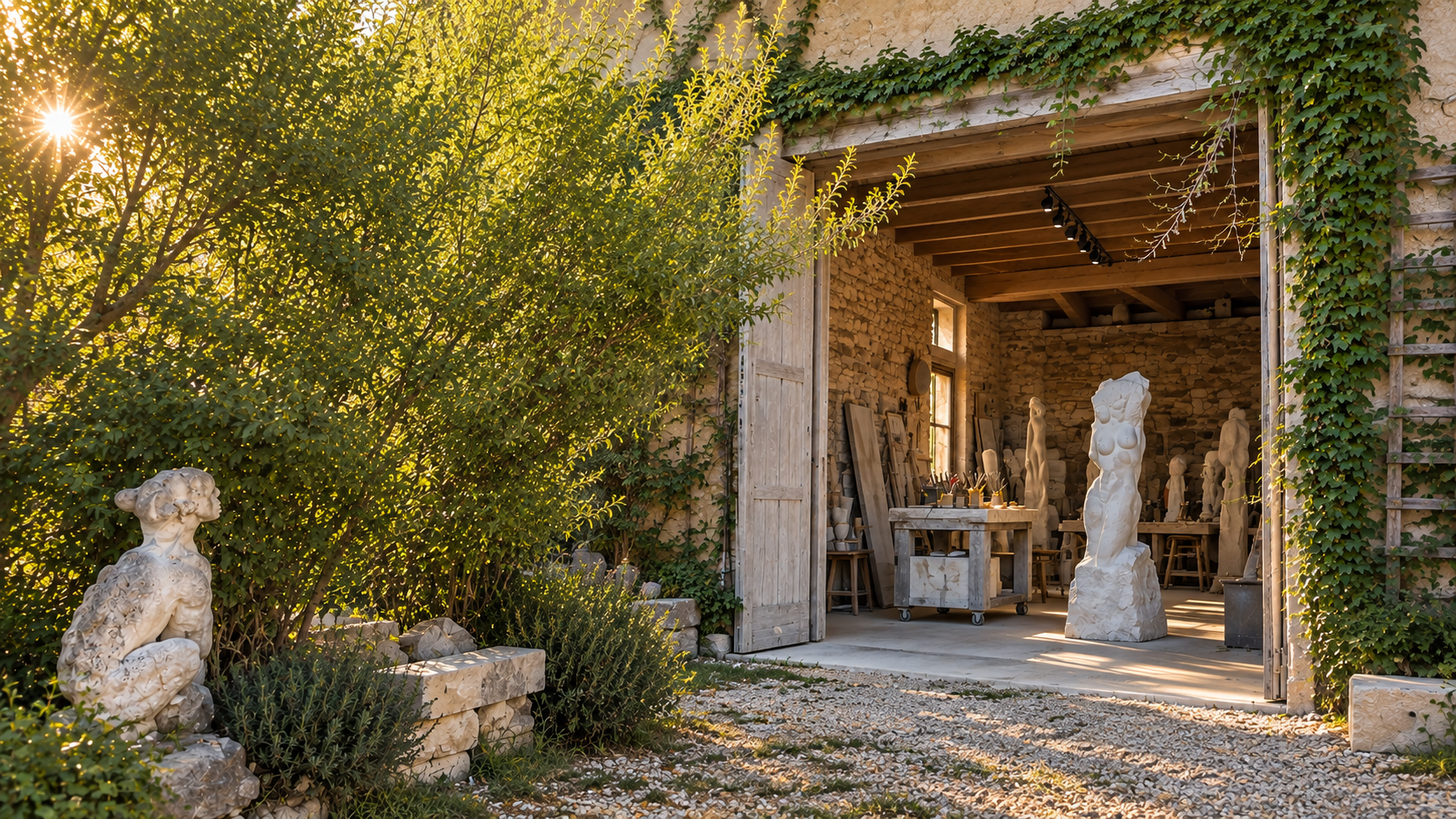 Atelier de Florence Jarrige, sculpteur sur pierre près de Cluny en Saône-et-Loire, Bourgogne, où sont réalisées ses sculptures contemporaines en marbre, granit et pierre calcaire.