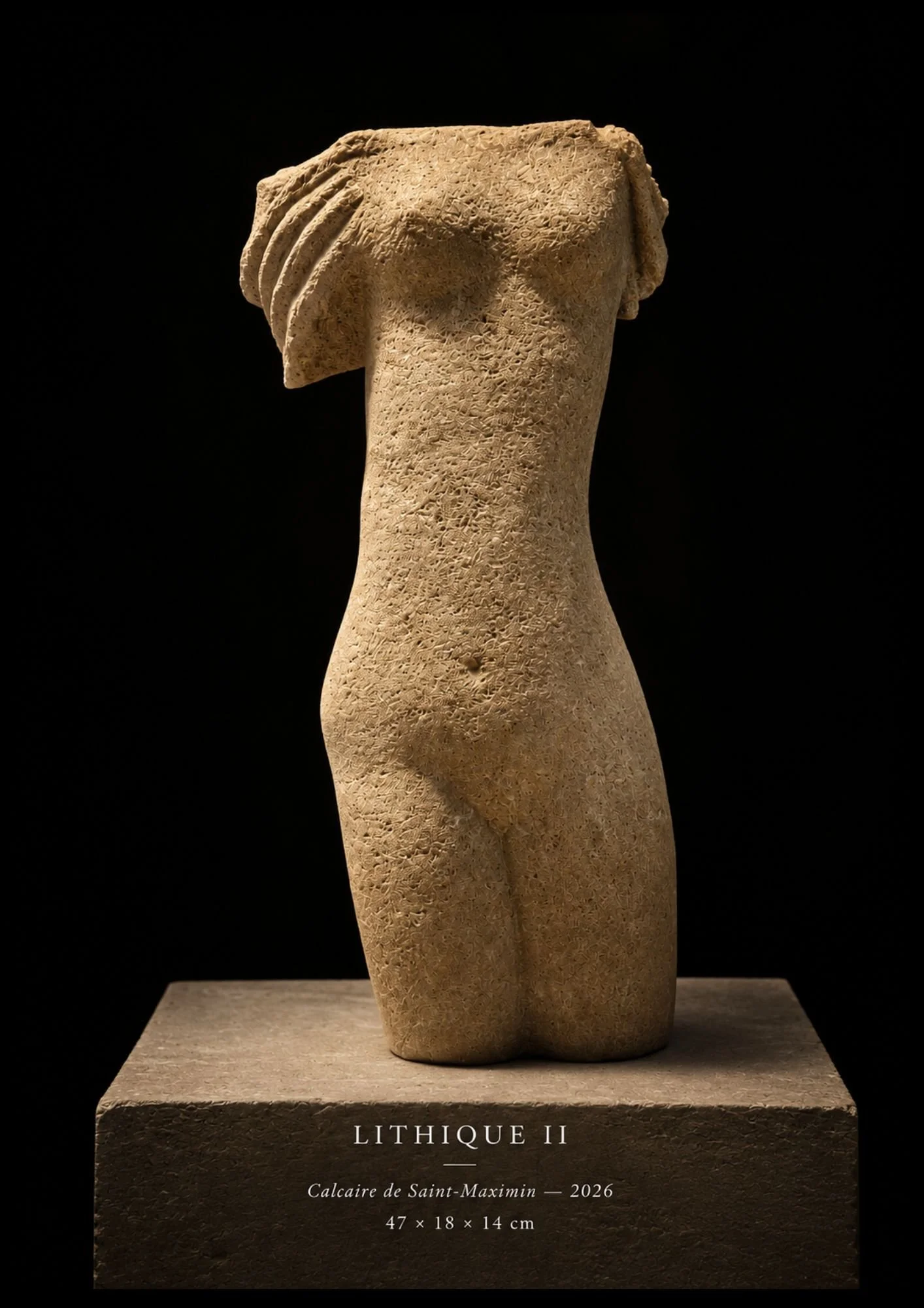 Vue de face de Lithique II, sculpture contemporaine en pierre de Saint-Maximin par Florence Jarrige, artiste sculpteur à Cluny en Bourgogne.