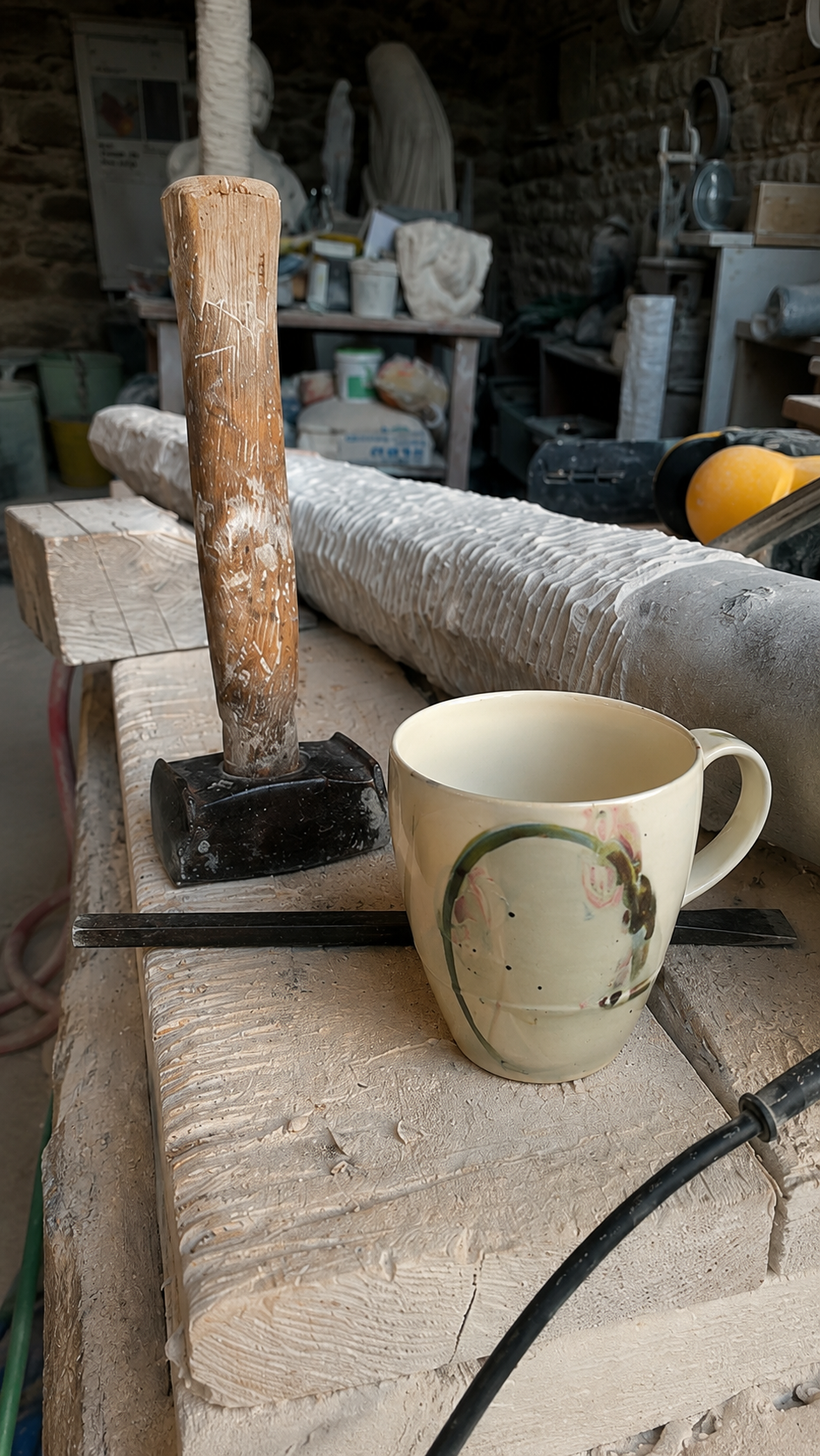 Massette, outils et sculpture en cours dans l’atelier de Florence Jarrige près de Cluny en Saône-et-Loire, lors du travail de taille directe d’une sculpture en pierre.