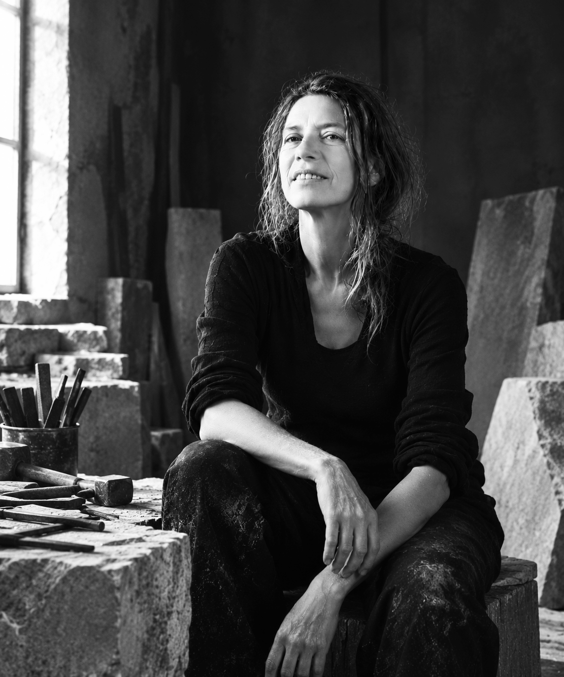 Portrait de Florence Jarrige dans son atelier de sculpture près de Cluny en Bourgogne, artiste sculpteur spécialisée dans la taille directe de la pierre, du marbre et du granit.