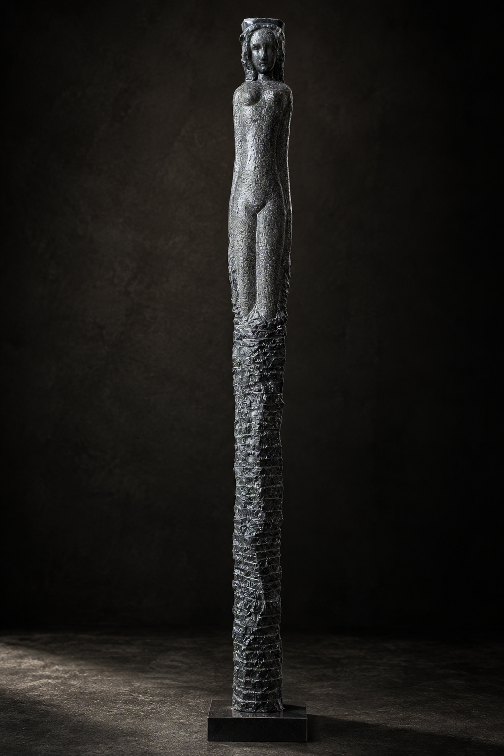 Reine, sculpture contemporaine en granit de 170 cm, œuvre d’art unique de Florence Jarrige, sculpteur à Cluny en Saône-et-Loire, Bourgogne, aujourd’hui en collection particulière au Luxembourg.