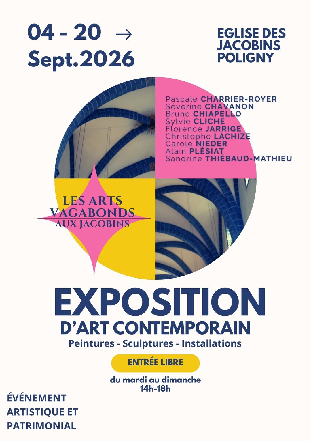 Affiche de l’exposition Les Arts vagabonds aux Jacobins, à l’église des Jacobins de Poligny, du 4 au 20 septembre 2026, avec la participation de Florence Jarrige.