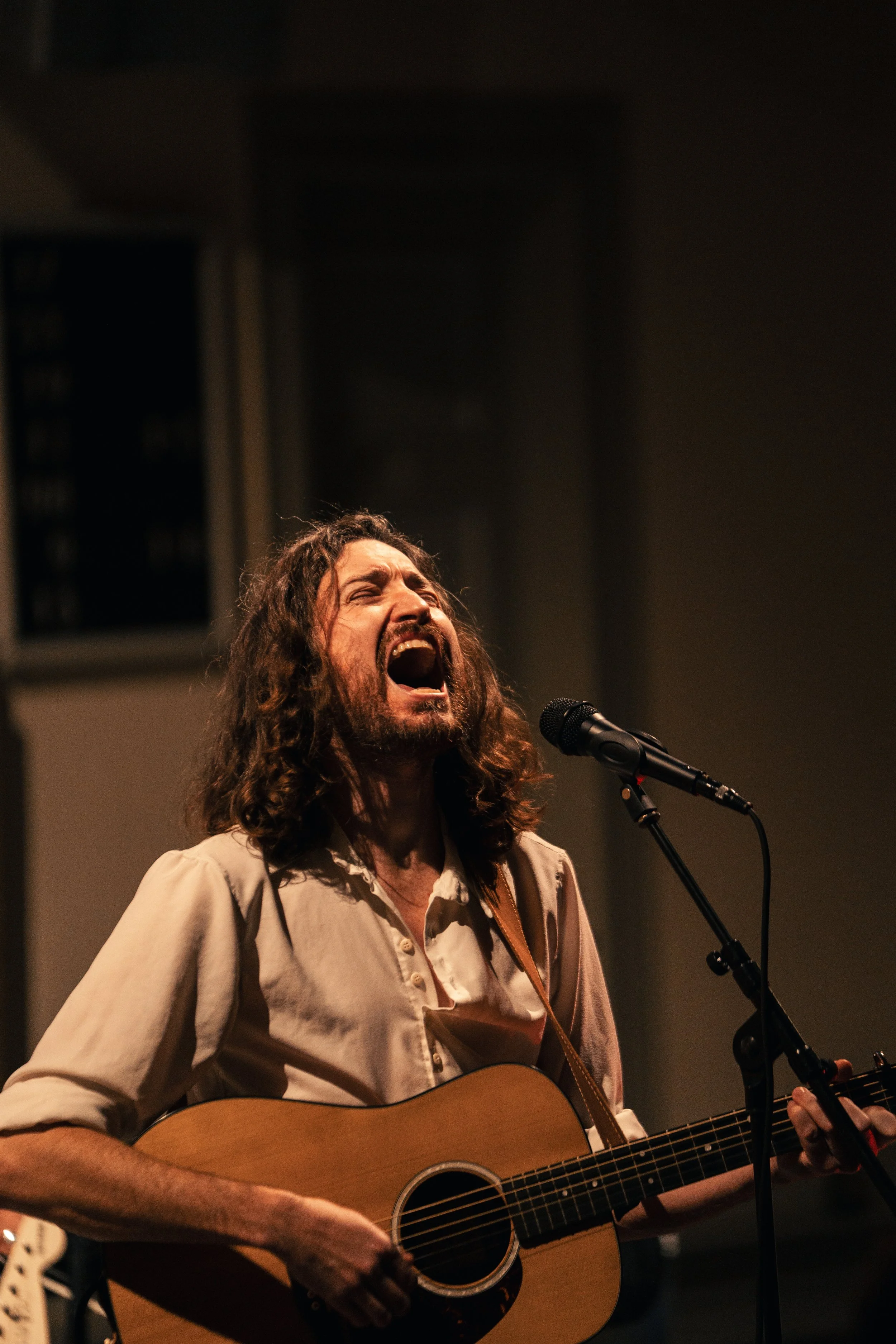 Mann singt und spielt Gitarre bei einem Auftritt, hinter ihm ein Mikrofon.