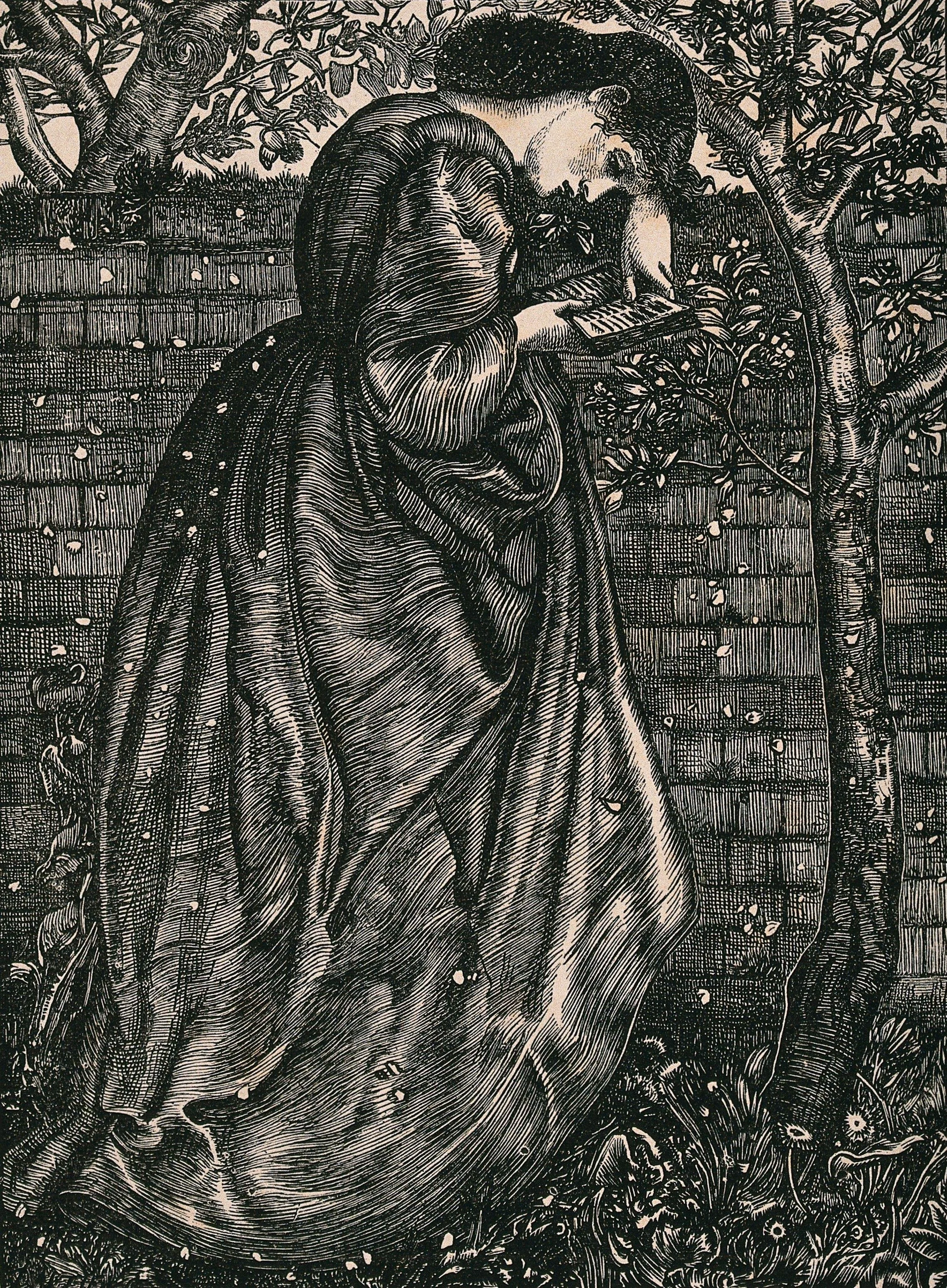 Engraving of a young woman reading in a garden
