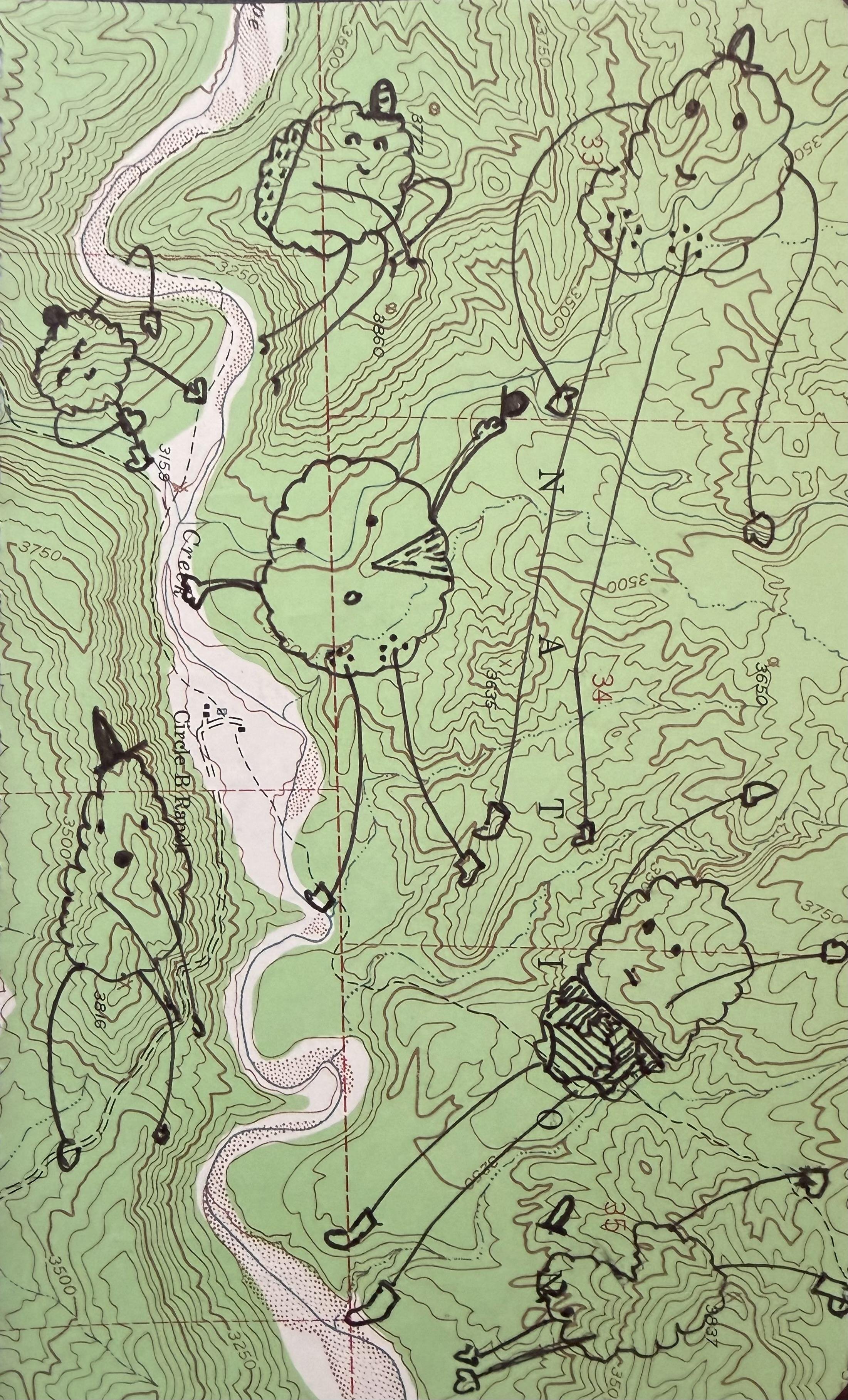 Cloud peeps drawn on a map