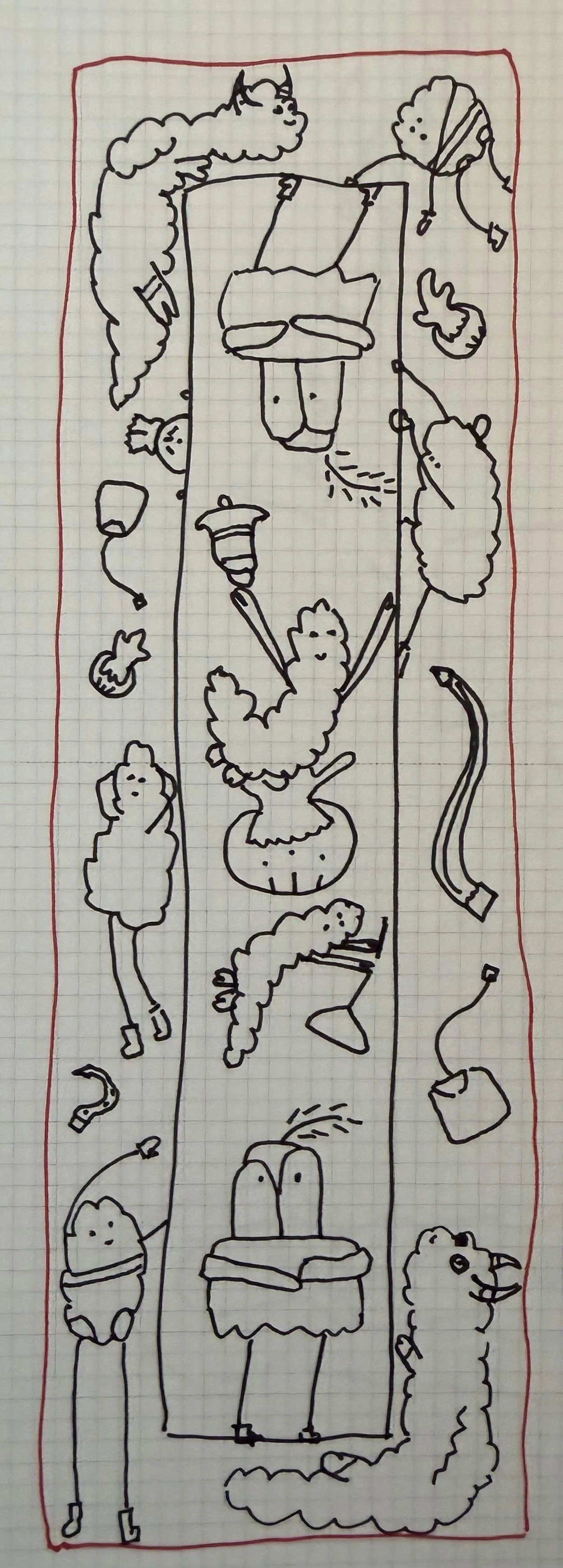 A narrow, bookmark-shaped rectangle with doodles of the cloud peeps inside