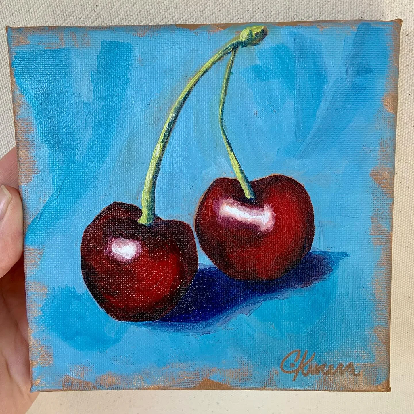 Quick little oil study.6x6 on canvas 😊❤️ #cherry#painting#oilpainting#cherrypainting#foodart#kitchenart#wallart#fruitart