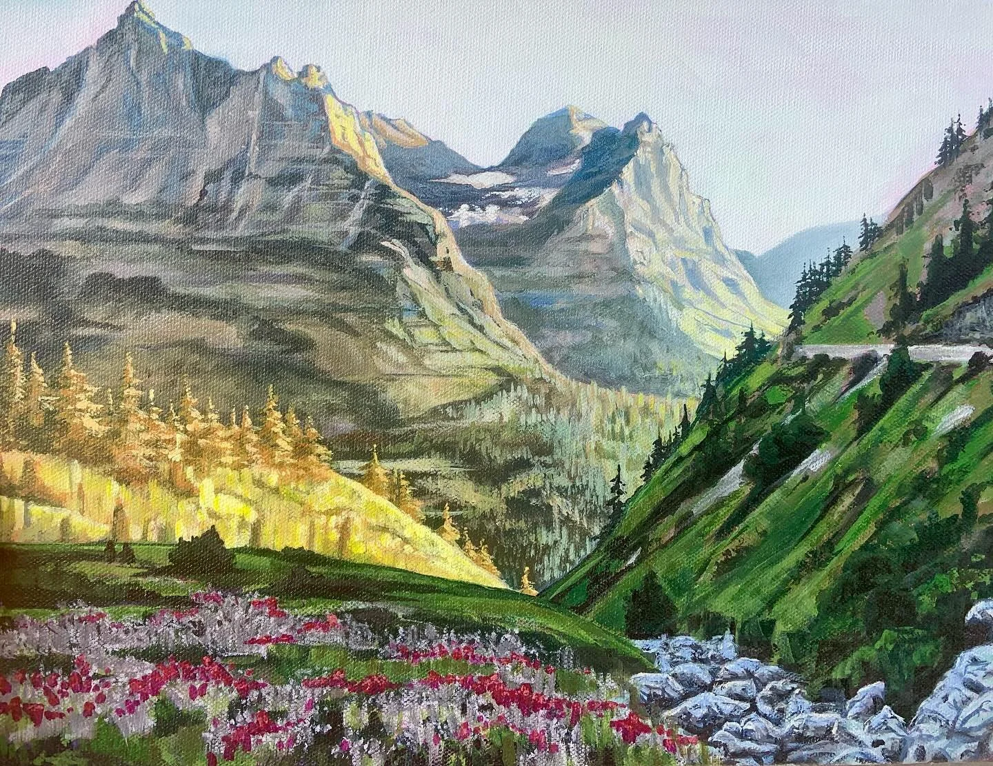 Newest work! My take on a perfect summer day hiking in the mountains. This piece is part of a collection of smaller pieces that I&rsquo;m working on.  11x14 acrylic on gallery wrapped canvas. $350.