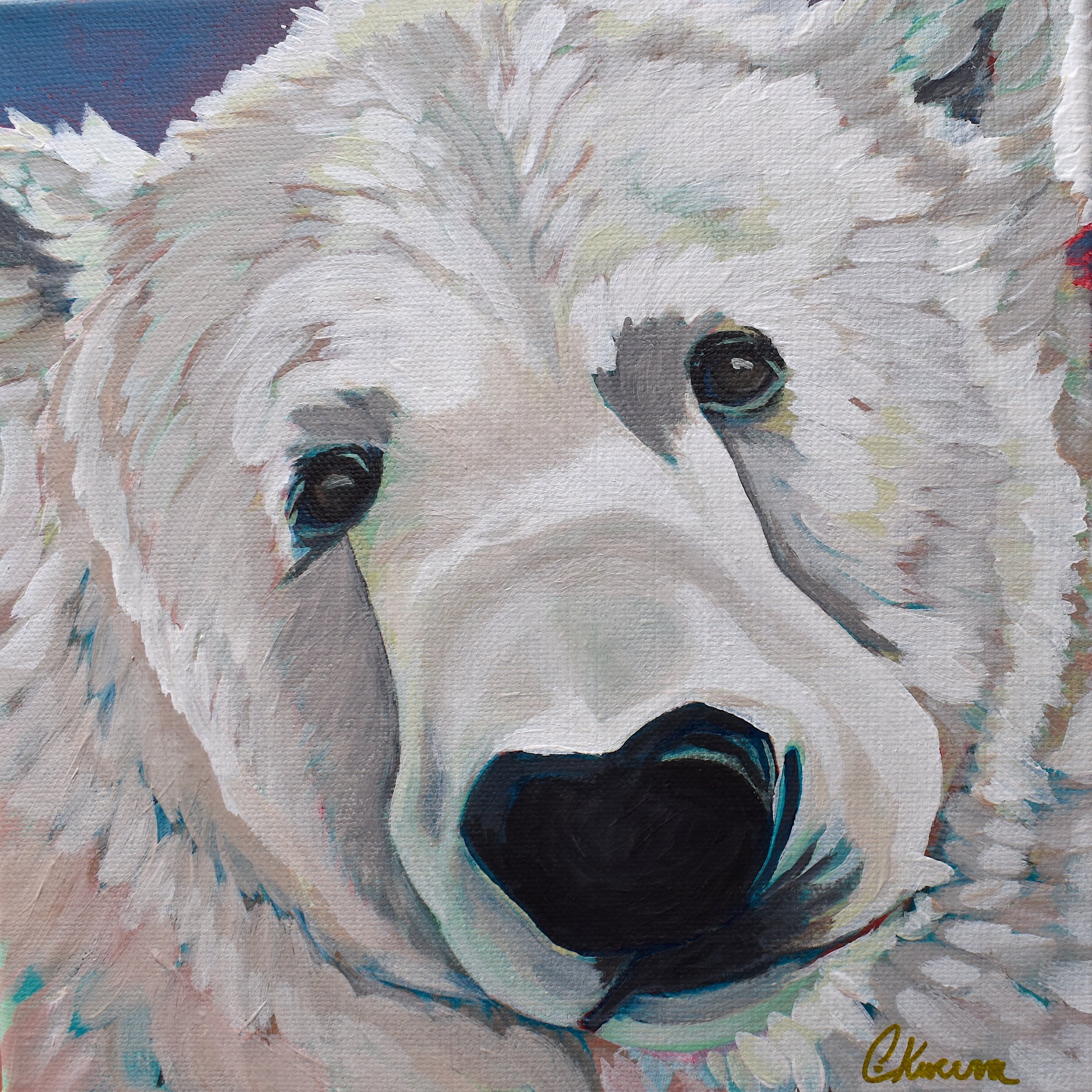 Close-up of a polar bear's face in a painted style, with black eyes and nose, and signs of tearful eyes.