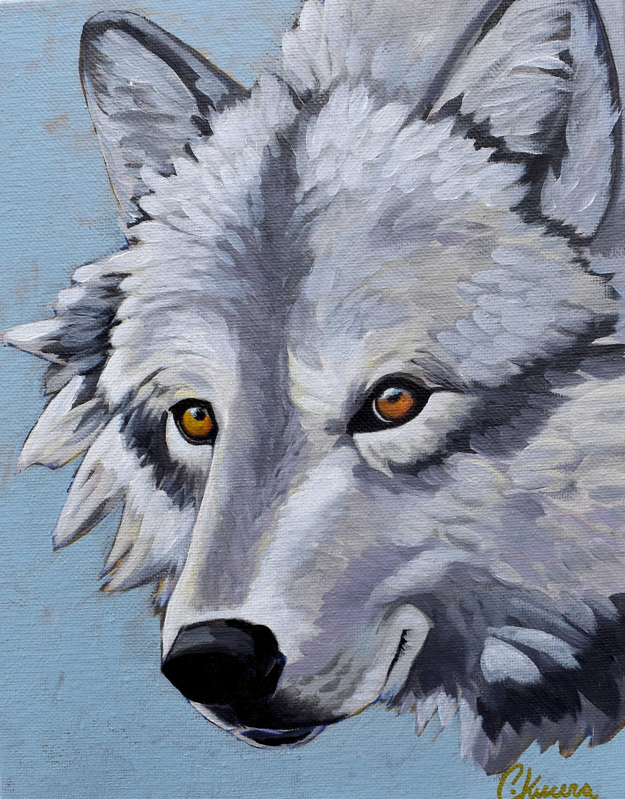 Painting of a wolf with gray and white fur, piercing amber eyes, and detailed facial features against a light blue background.