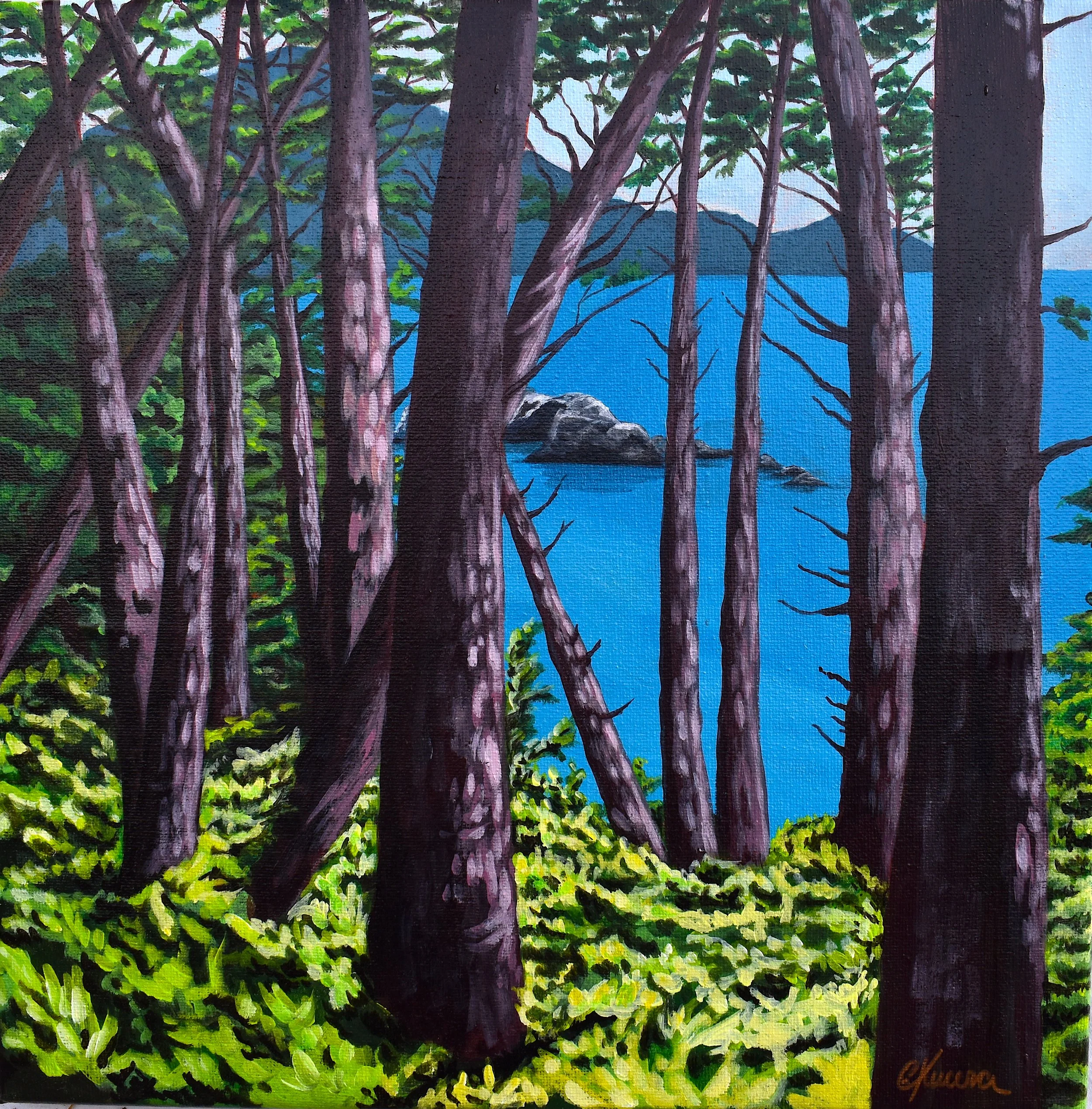 A painting of a dense forest with tall, brown trees and green foliage, overlooking a bright blue lake with rocks and distant mountains in the background.