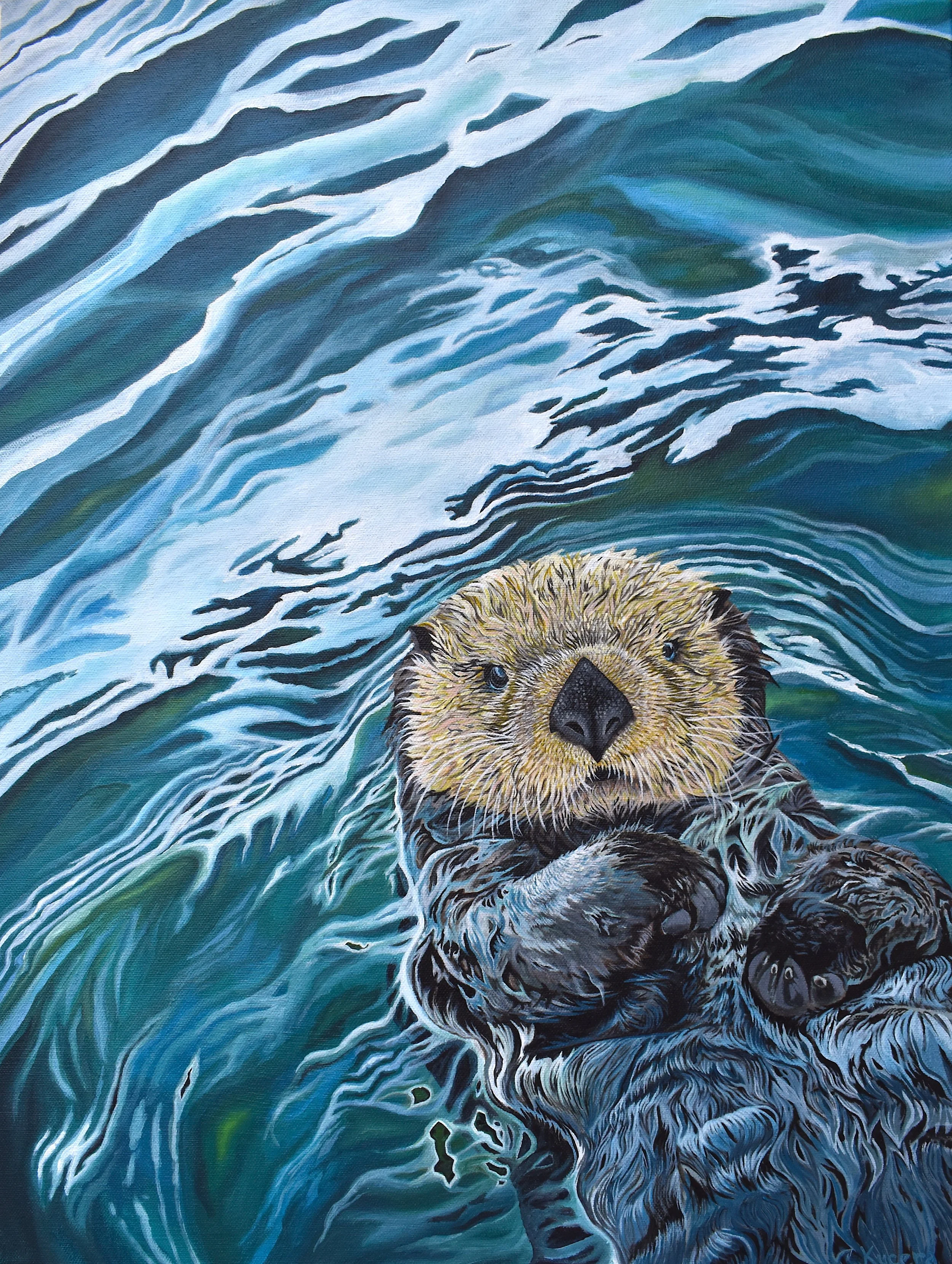 Painting of a sea otter floating on water, holding its paws, with detailed waves around it.