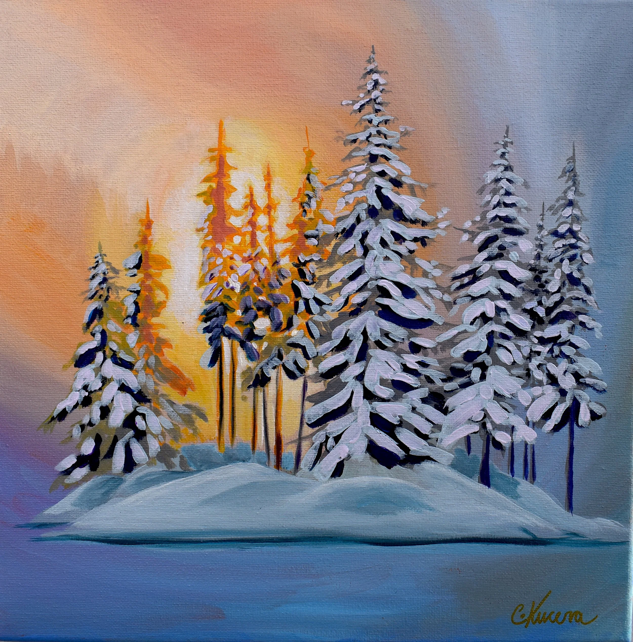 A painting of snow-covered evergreen trees with a sunrise or sunset in the background, using warm and cool colors.