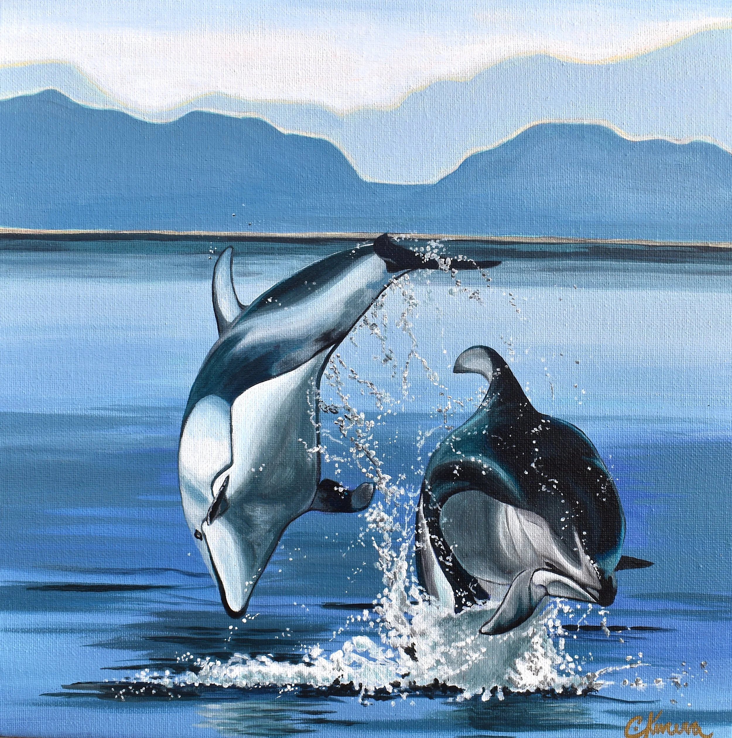 A realistic painting of two pacific white sided dolphins jumping out of the water with mountains and cloudy sky in the background.