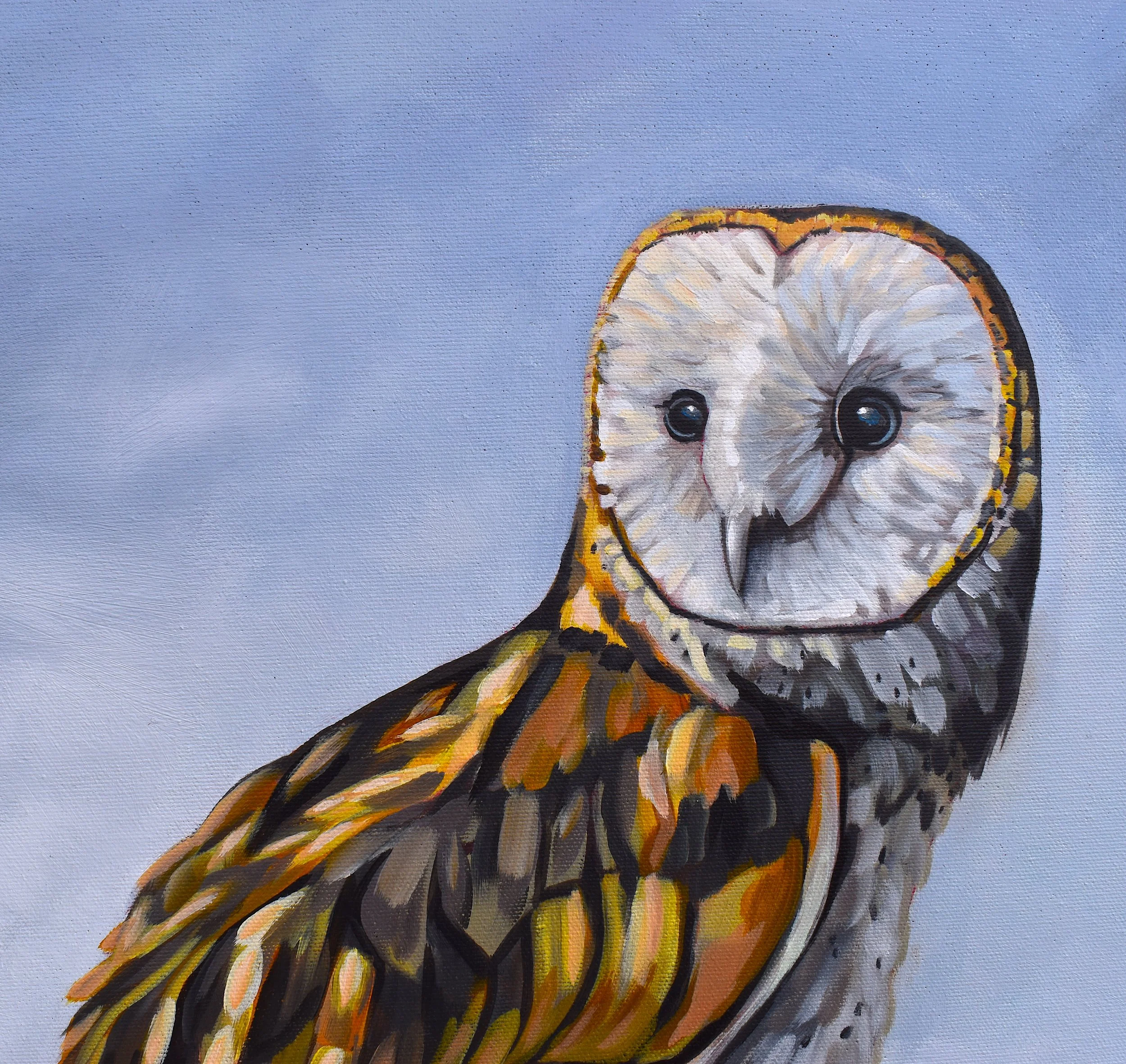 Painting of a barn owl with a white face and dark eyes, natural brown and yellow feathers, against a blue sky background.