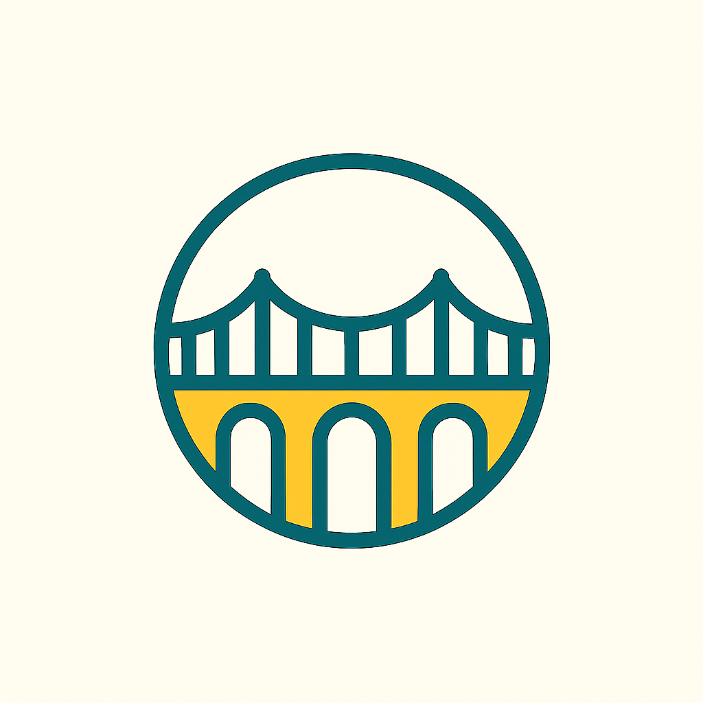 Minimalist illustration of a bridge with three arches, circular frame, blue outline, yellow background for the bridge