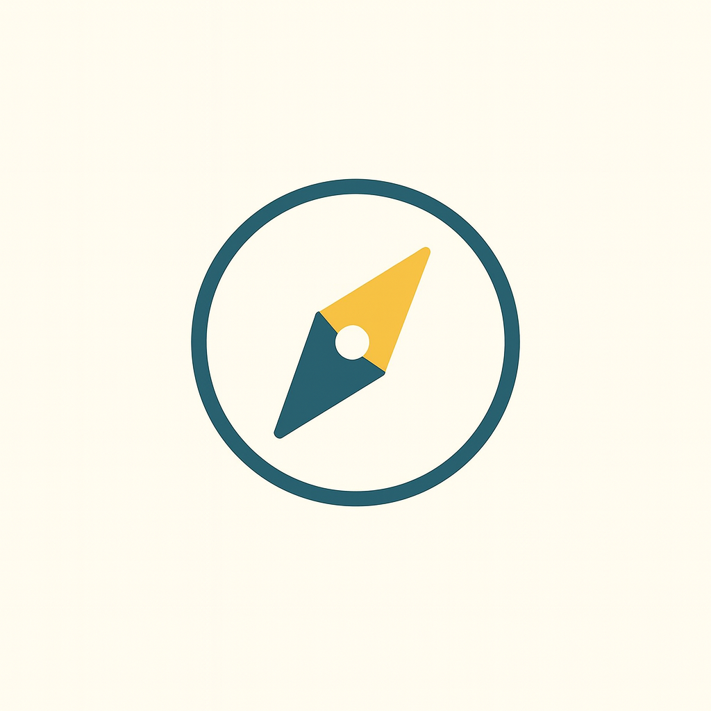 Digital illustration of a compass with a yellow and dark blue needle on a light background.