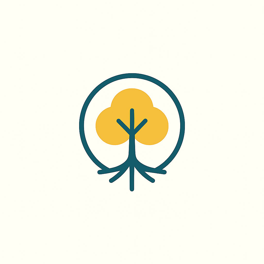 Stylized graphic of a tree with a yellow canopy and blue trunk enclosed in a circle.