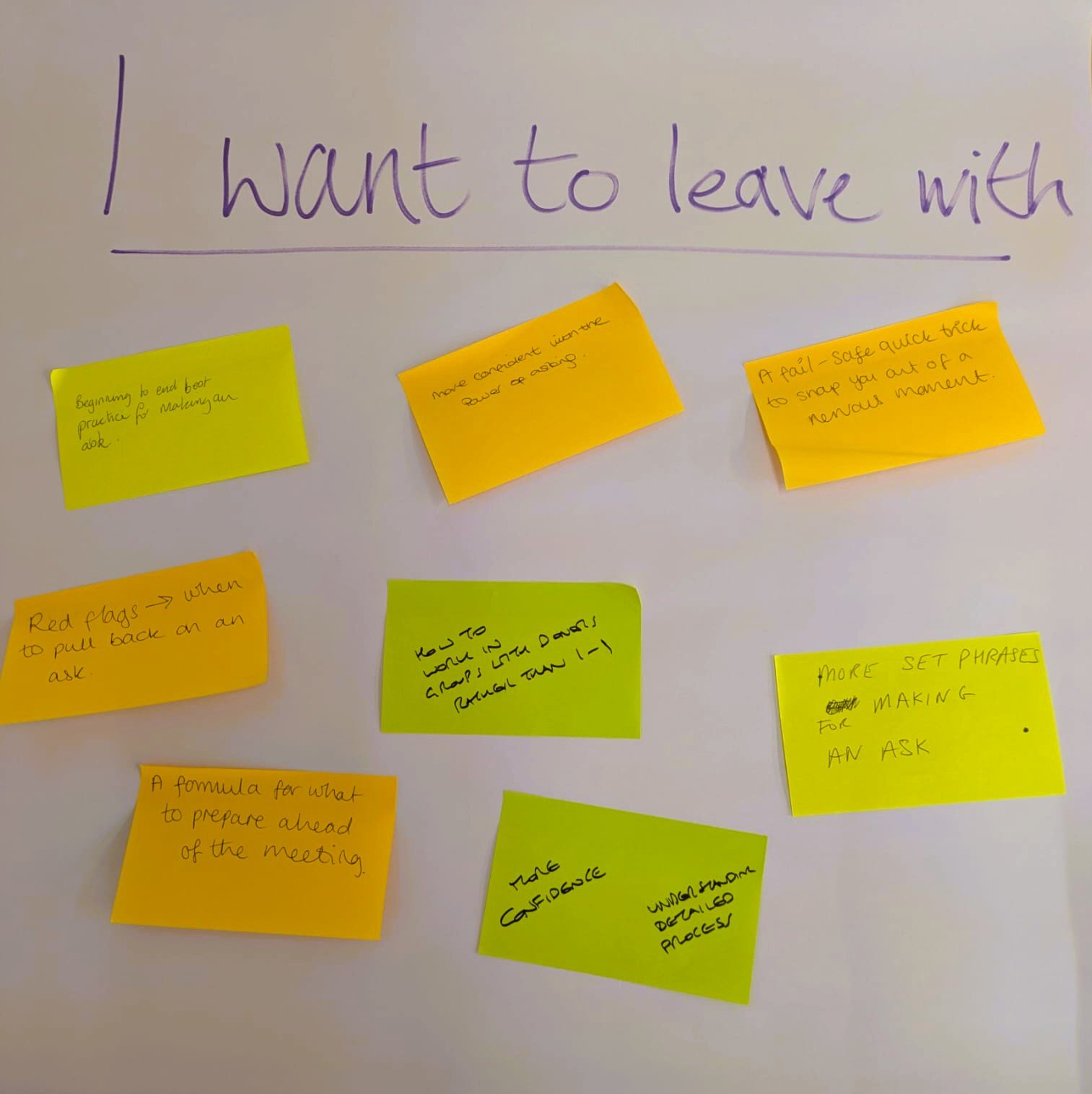 A whiteboard with the handwritten phrase 'I want to leave with' at the top and several yellow sticky notes with tips and phrases related to asking for and leaving a task or meeting.