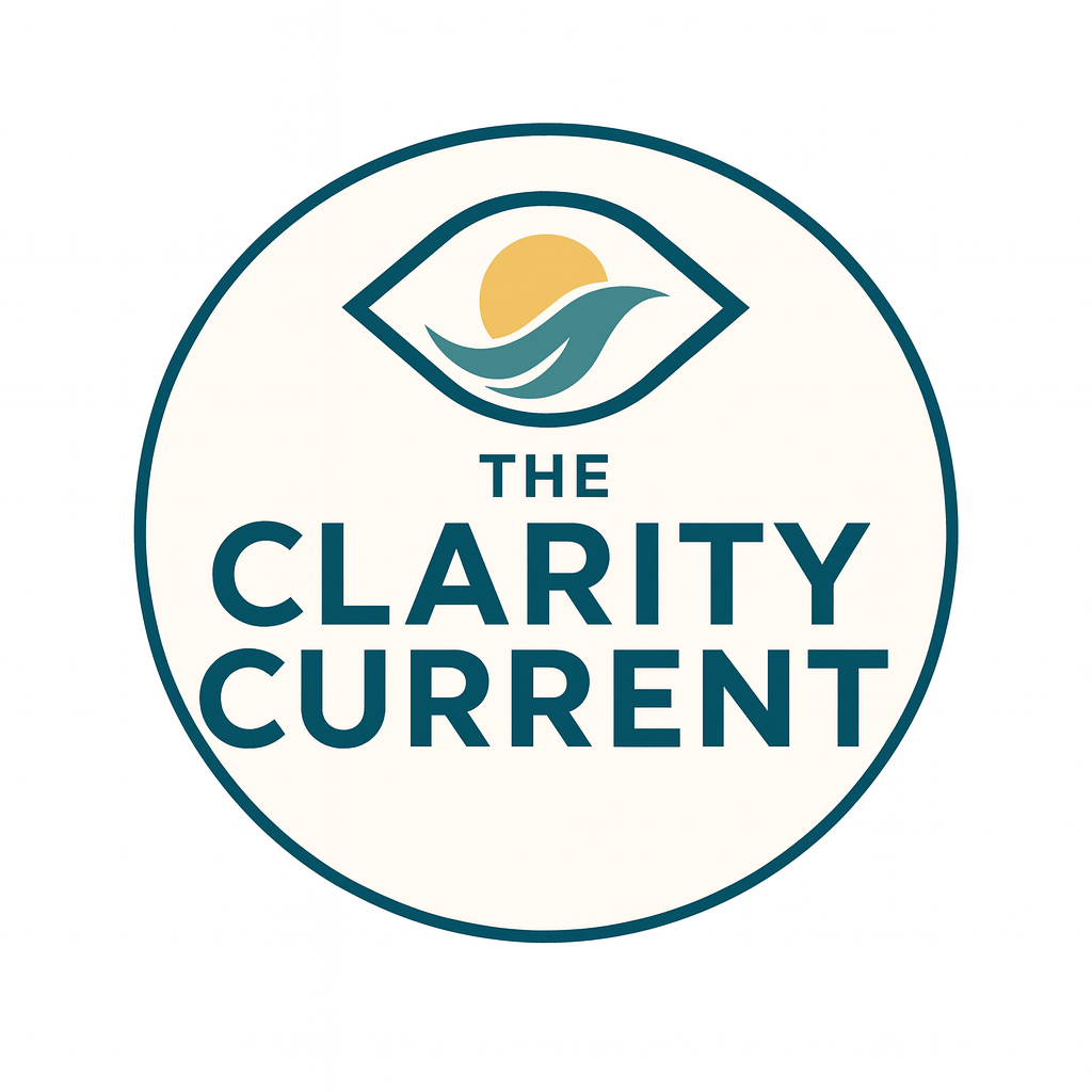 A circular logo featuring a stylized eye with a sun and a bird inside, above the text "The Clarity Current" in bold, uppercase letters.