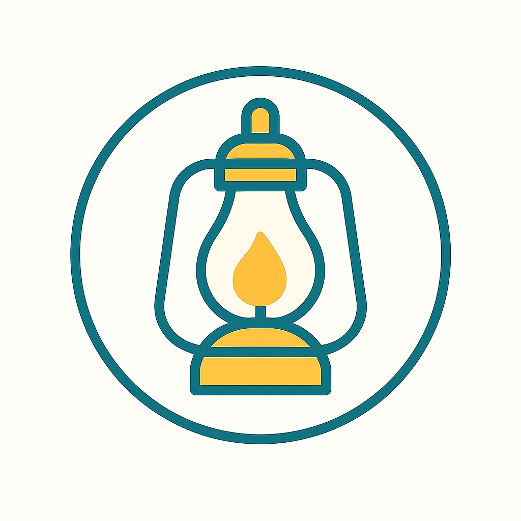 Line drawing of a traditional oil lantern with a yellow flame inside, encircled by a blue outline.